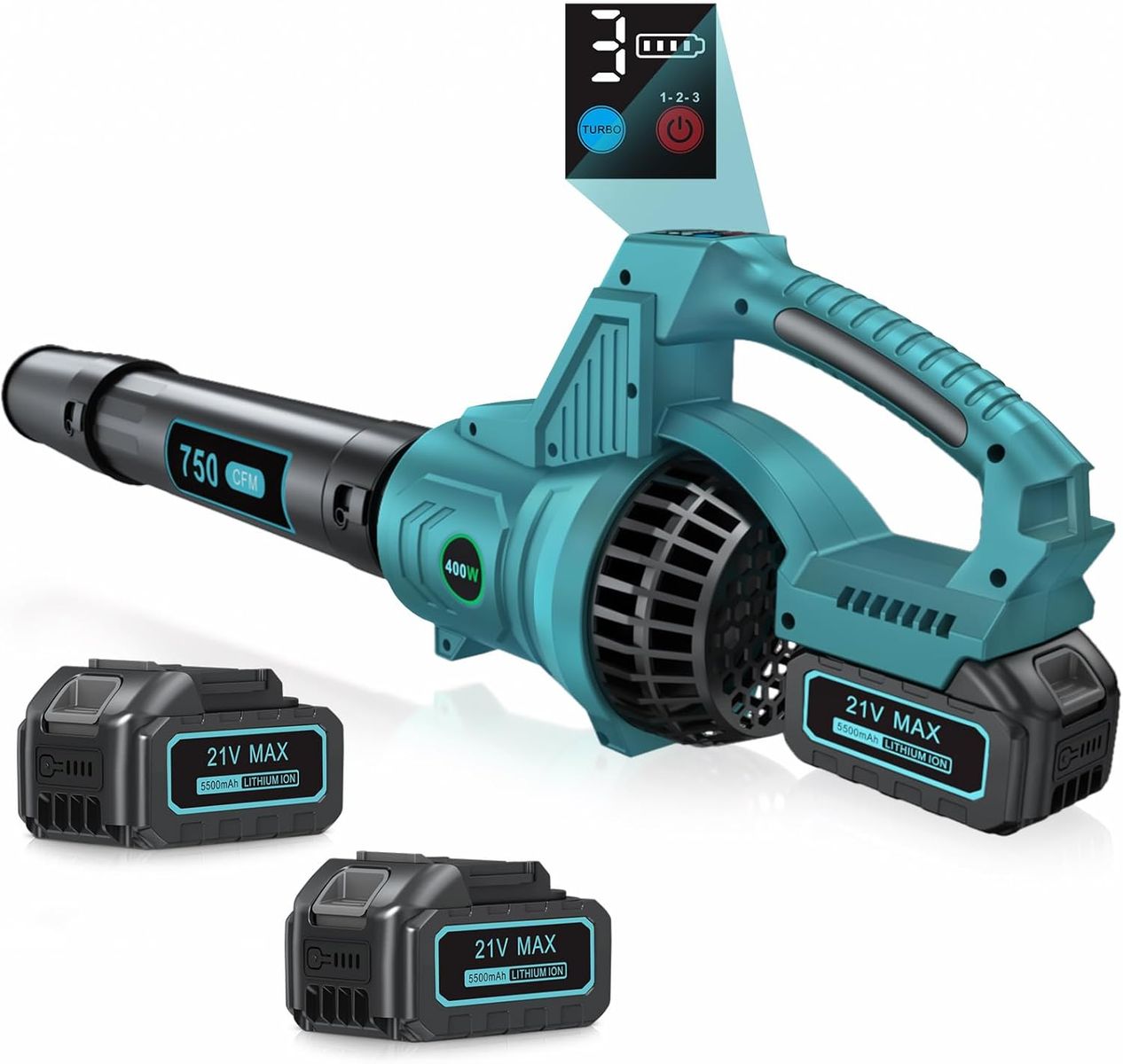 NEW Battery Leaf Blower 750 CFM, LED Display Leaf Blower Cordless with 2 x 5.5Ah Battery and Charger, 3 Speeds-Portable