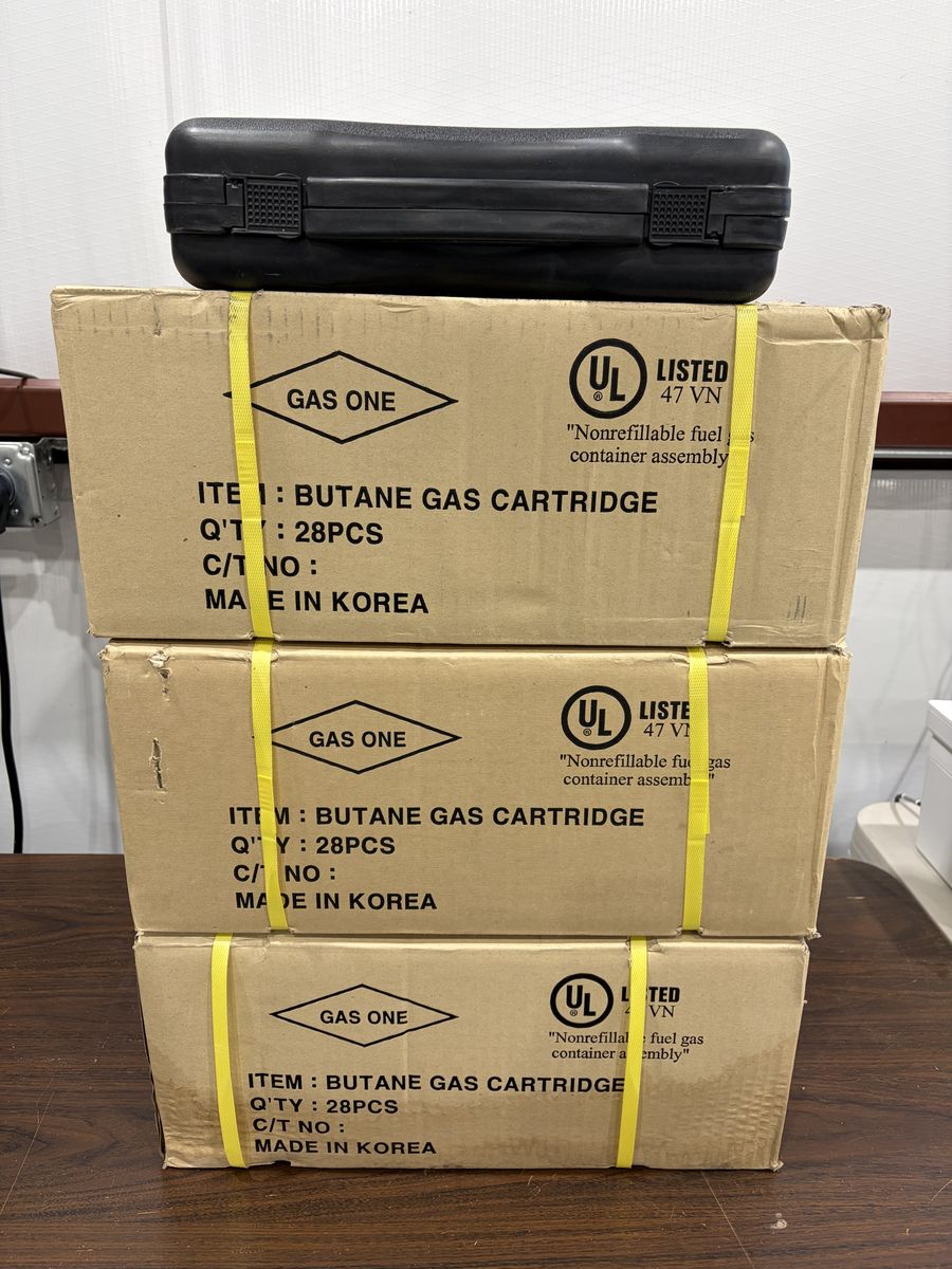 Emergency Prep Stove with three cases of gas canisters