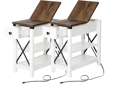 New in Box Set of 2 ,Narrow End Table with Charging Station - Farmhouse Slim Side Table Set of 2, w/USB Ports