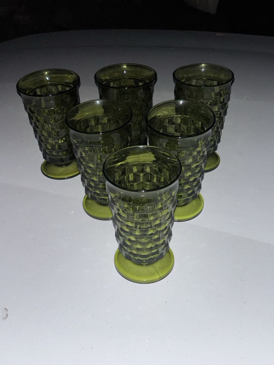 Vintage Green Textured Drinking Glasses - Set of 6, Durable Glassware