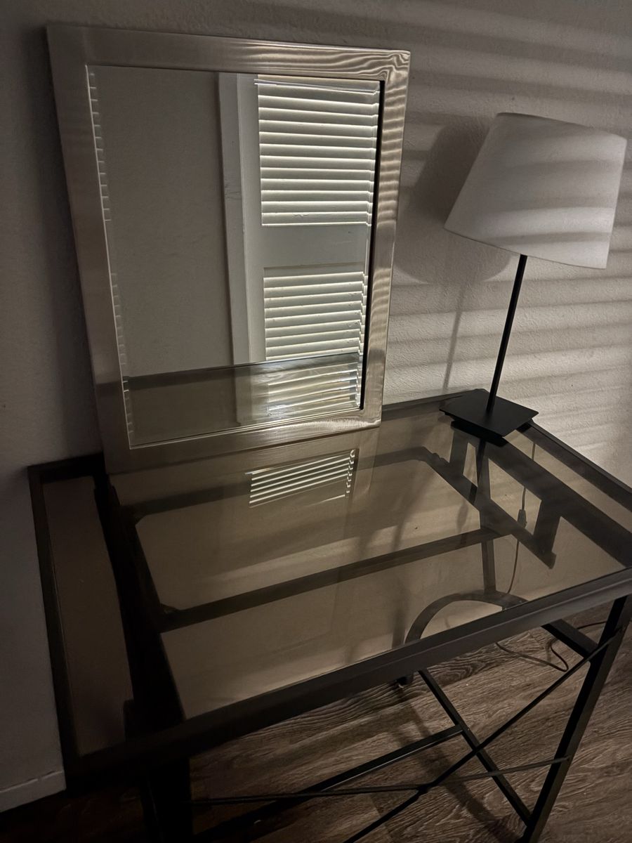 Modern Glass Top Vanity Desk with Metal Frame and Mirror