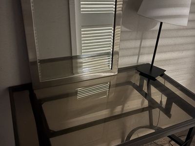Modern Glass Top Vanity Desk with Metal Frame and Mirror