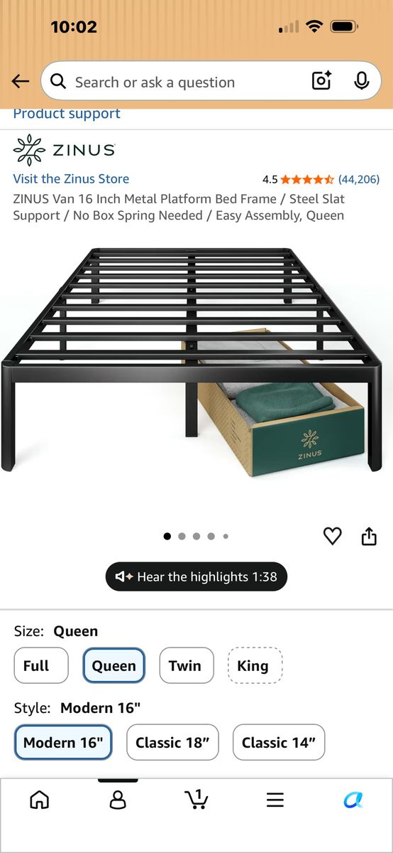 Zinus Van 16 Inch Modern Black Metal Platform Bed Frame - Queen, Steel Slat Support, No Box Spring Needed