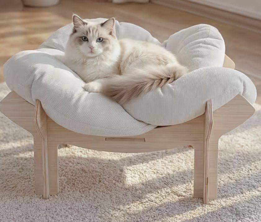 Elevated Wooden Cat Bed Frame with Plush Cushion 22in