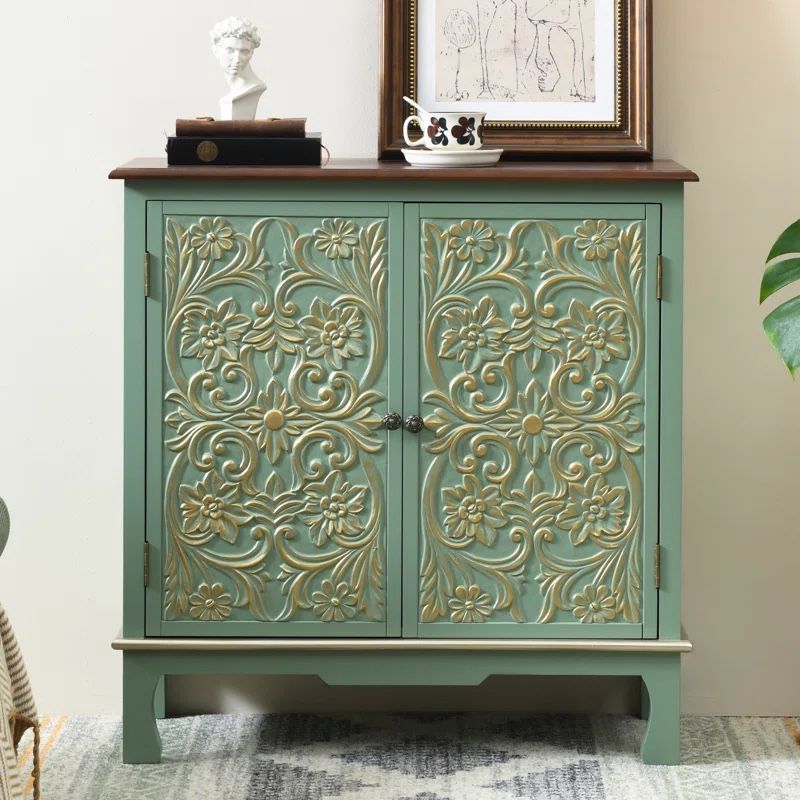 Accent Storage Cabinet with Floral Carved Doors - Green & Gold Wood Sideboard, 33" Tall