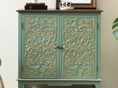 Accent Storage Cabinet with Floral Carved Doors - Green & Gold Wood Sideboard, 33" Tall