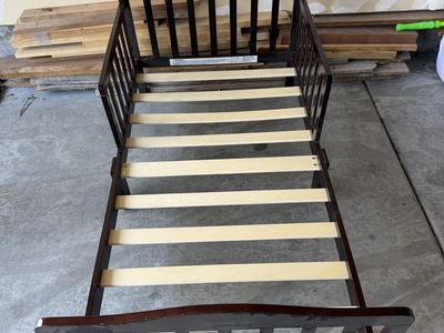 Dark Wood Toddler Bed Frame with Slats and Safety Rails