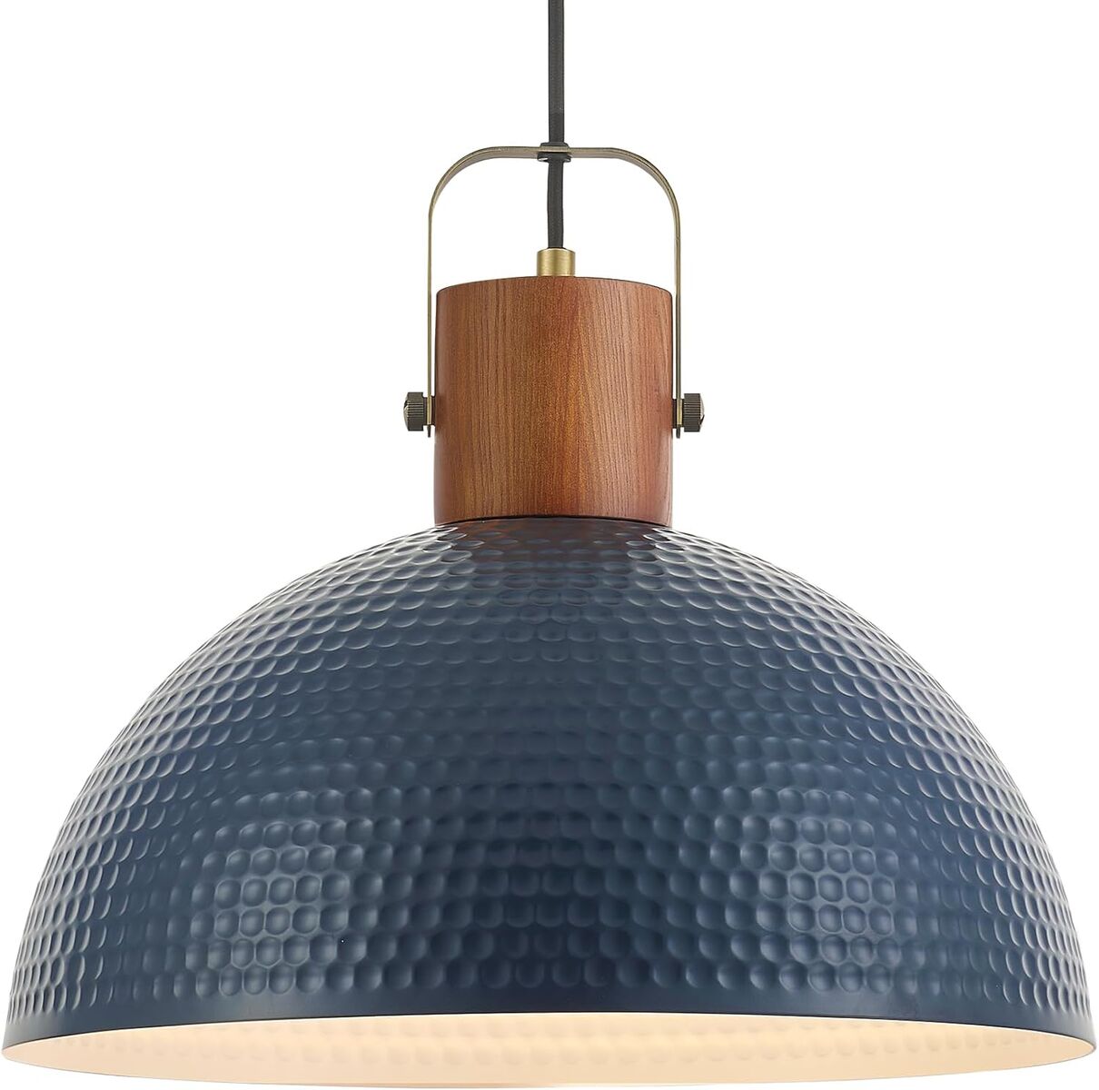 16” Large Ash Wood Pendant Light with Hammered Blue Metal & Brushed Brass Handle Large Pendant Light Fixtures