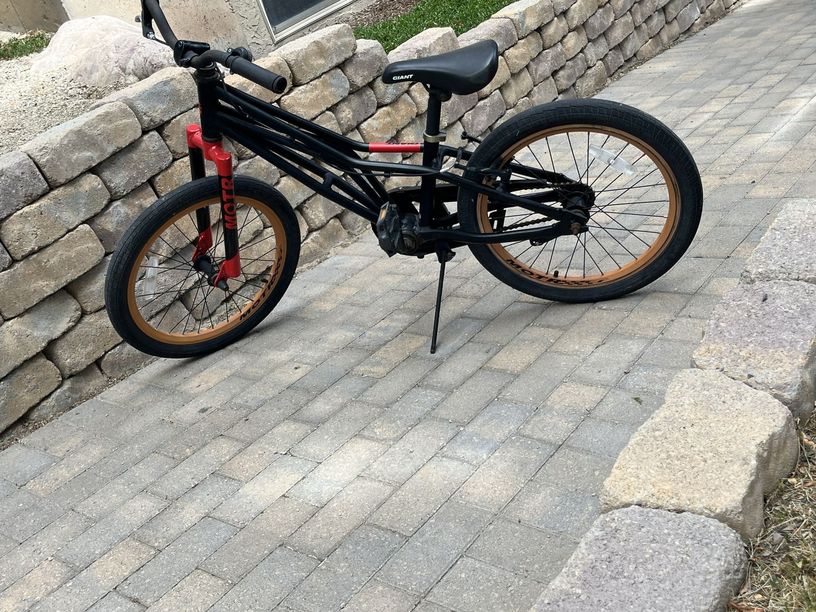 Giant MOTR Kids Bike - Black/Red with Gold Rims, Single Speed, Kickstand Included
