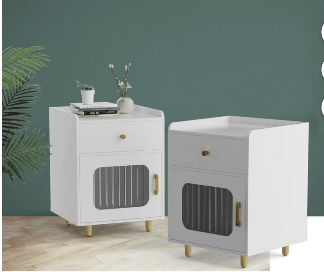 New. Set of 2 Modern White Nightstands with Drawer, Pet House, and Gold Accents (Set of 2)