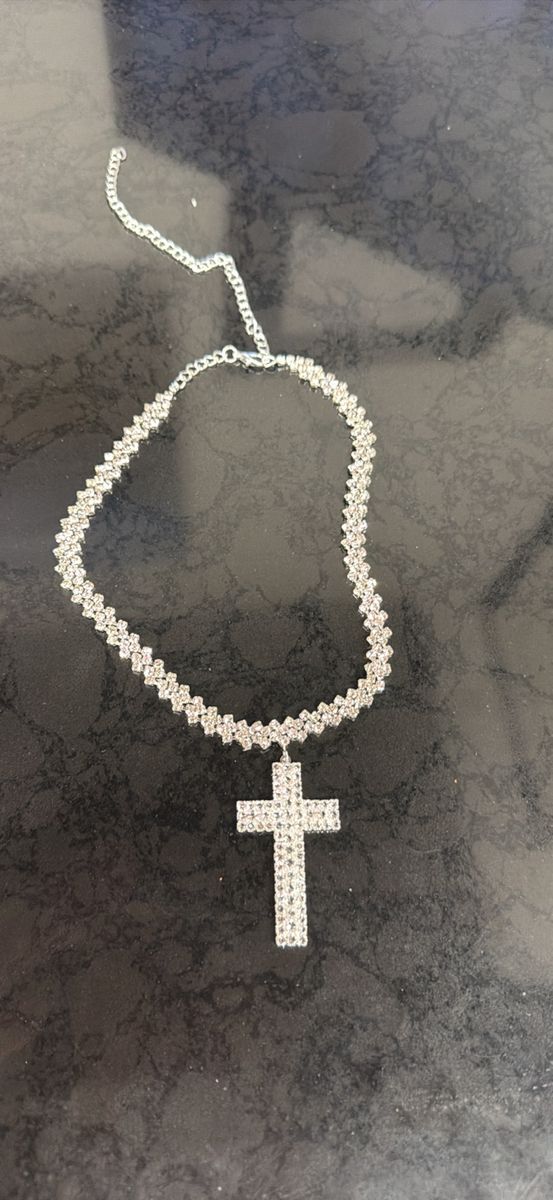Sparkling Silver Cross Pendant Necklace - Rhinestone Embellished Choker Style