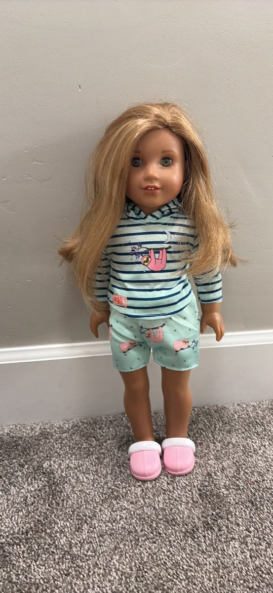 American Girl Doll with Brown Hair and Sloth Pajamas Outfit