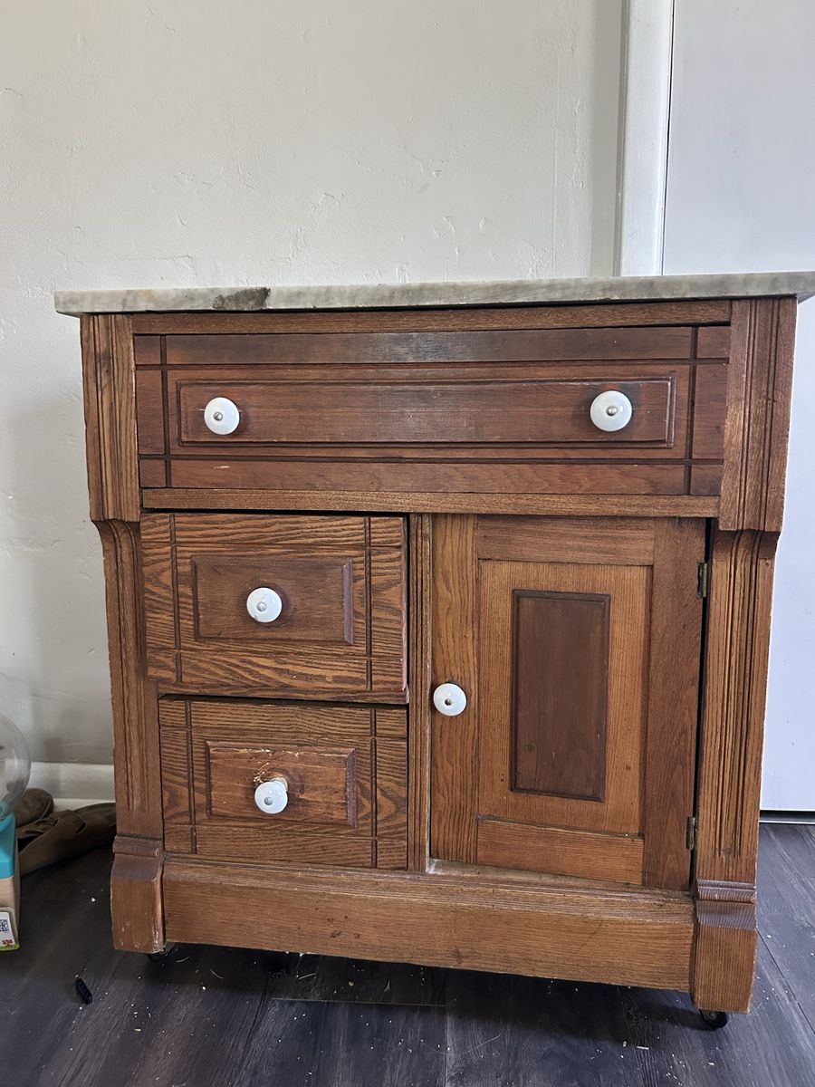 Vintage Wooden Washstand Cabinet with Marble Top and White Knobs