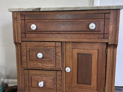 Vintage Wooden Washstand Cabinet with Marble Top and White Knobs