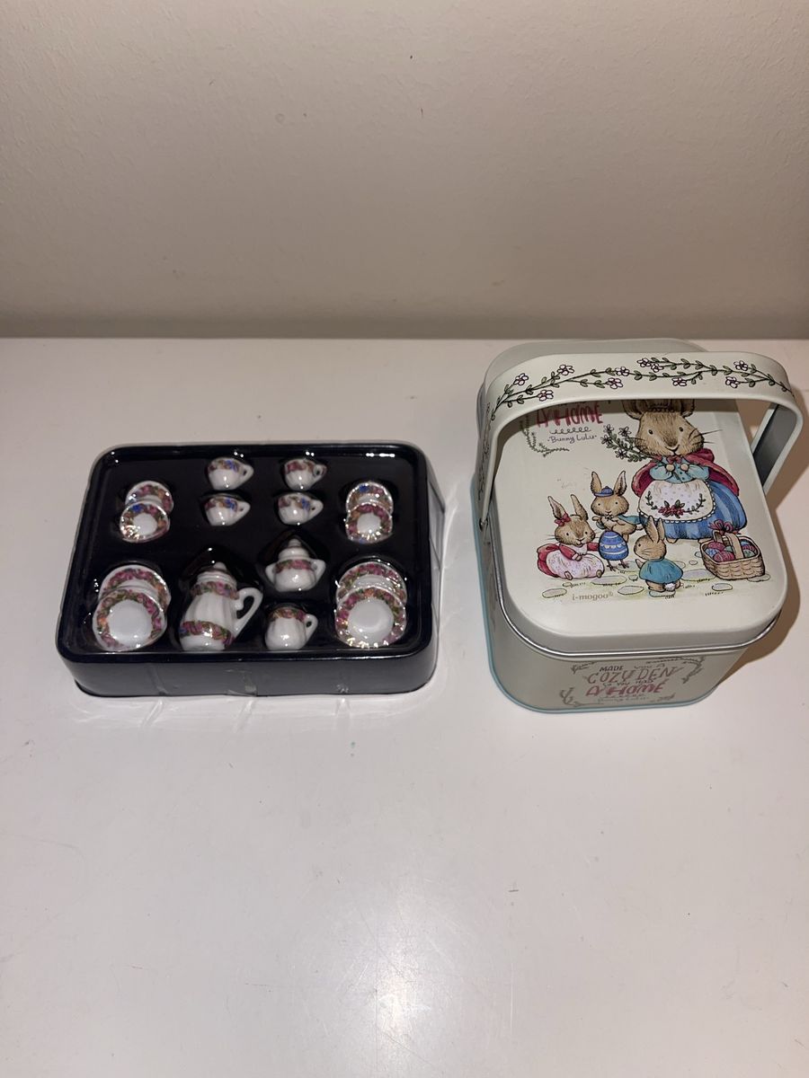 Miniauture Tea Pot Set with a Tiny Tin Picnic Basket