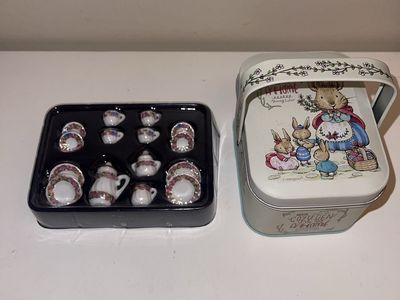 Miniauture Tea Pot Set with a Tiny Tin Picnic Basket