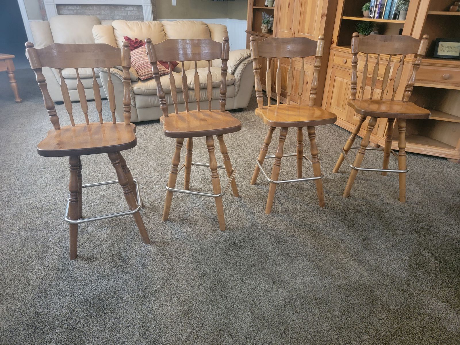 Set of 4 Wood Spindle Back Bar Stools with Footrests - Solid Wood, Rustic Style