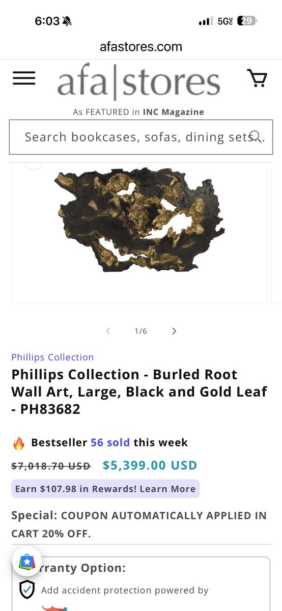 Phillips Collection - Burled Root Wall Art, Large, Black and Gold Leaf