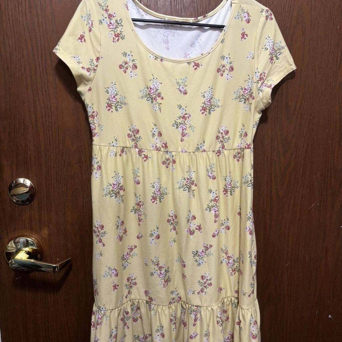 Planet Gold Yellow Floral Ruffle Hem Dress - Women's Large Short Sleeve