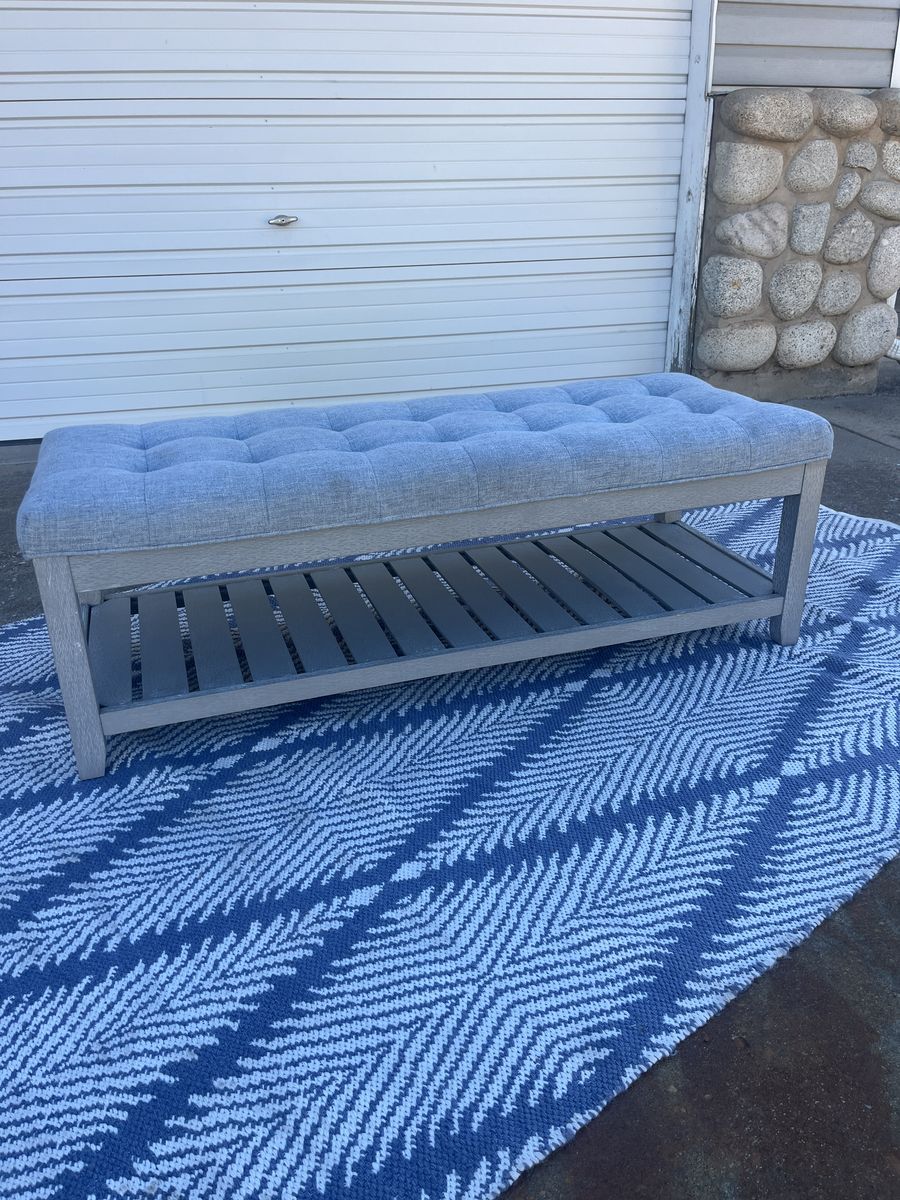 Tufted Upholstered Bench with Storage Shelf – Light Blue/Gray