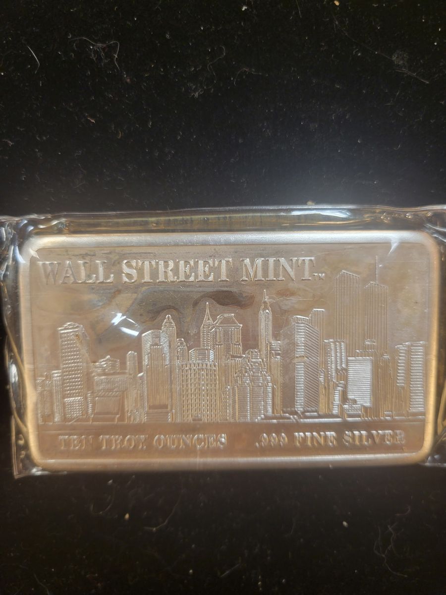 10 Troy Oz .999 Fine Silver Bar Wall Street Mint Twin Towers Sky Line