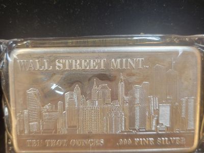 10 Troy Oz .999 Fine Silver Bar Wall Street Mint Twin Towers Sky Line