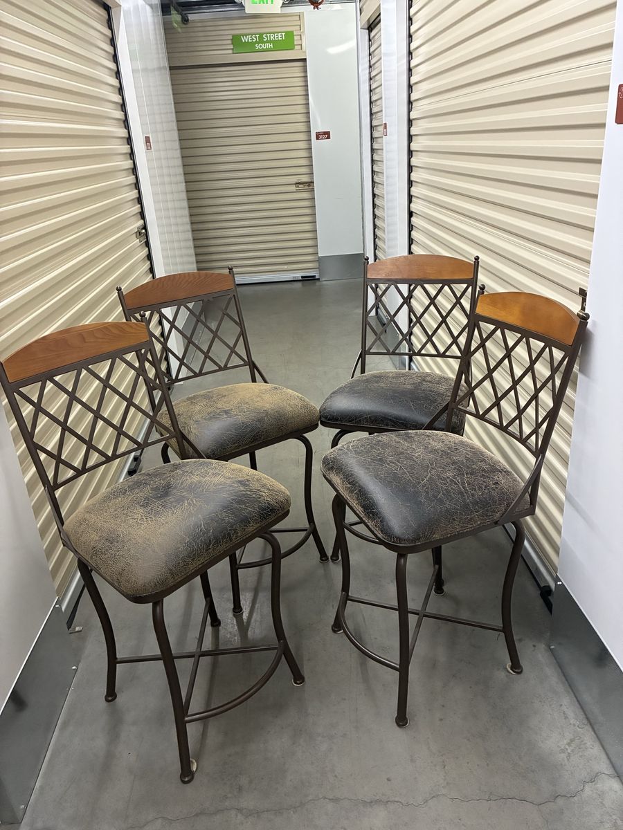 Set of 4 Rustic Bronze & Wood Swivel Bar Stools with Faux Leather Seats - Counter/Bar Height