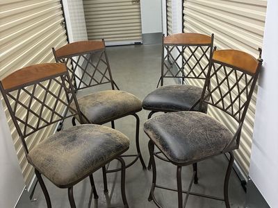 Set of 4 Rustic Bronze & Wood Swivel Bar Stools with Faux Leather Seats - Counter/Bar Height