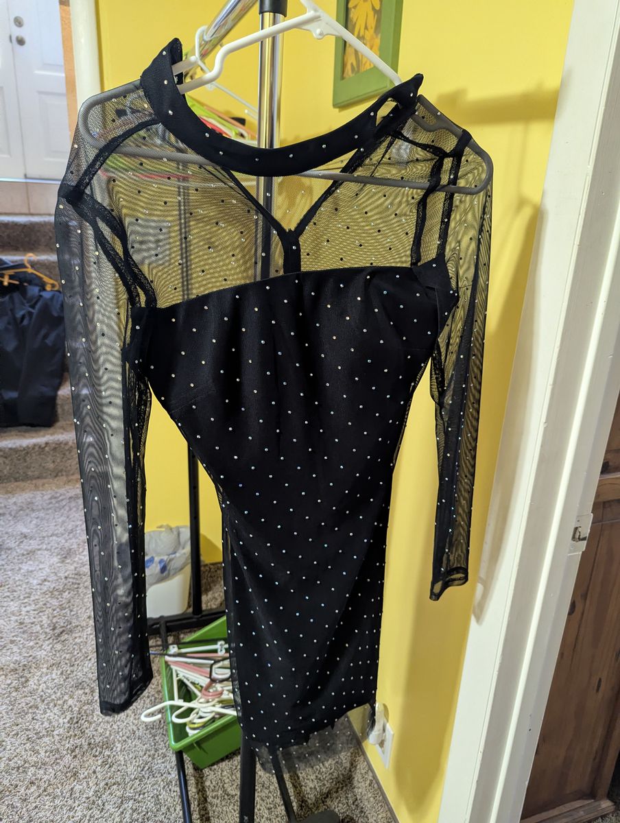 Short black dress with sheer top and sleeves