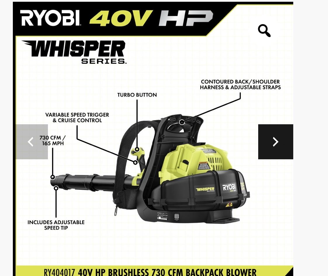 RYOBI 40V HP Brushless WHISPER SERIES Cordless Backpack Blower Kit with 2-4ah Battery & Charger