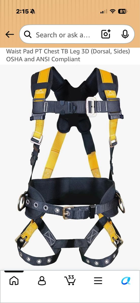 OSHA and ANSI Compliant Safety Harness with Waist Pad and Lanyard
