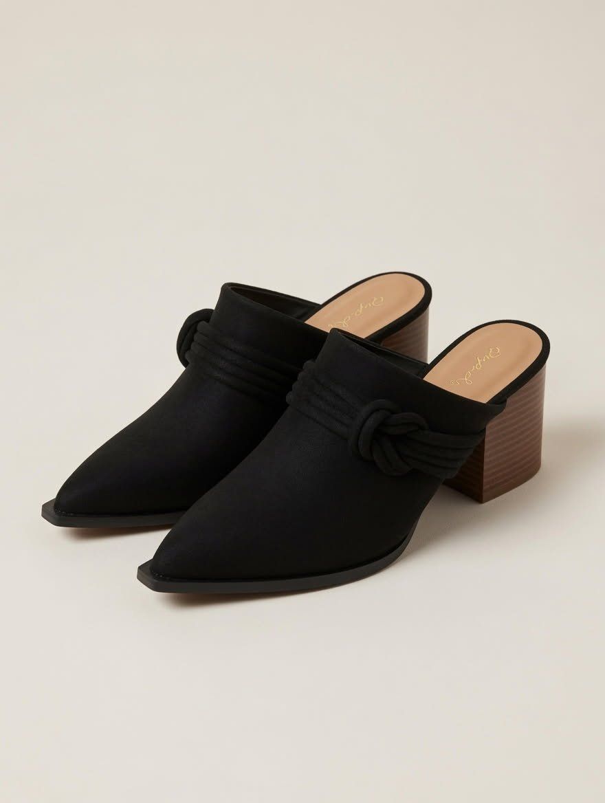 Qupid Black Knot Detail Pointed Toe Mules - Slip-on Style with Block Heel