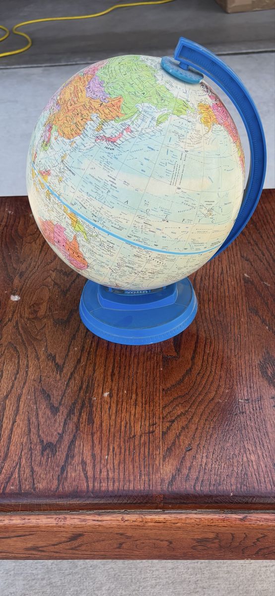 Vintage Desktop World Globe with Blue Plastic Stand and Meridian
