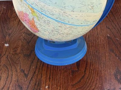 Vintage Desktop World Globe with Blue Plastic Stand and Meridian