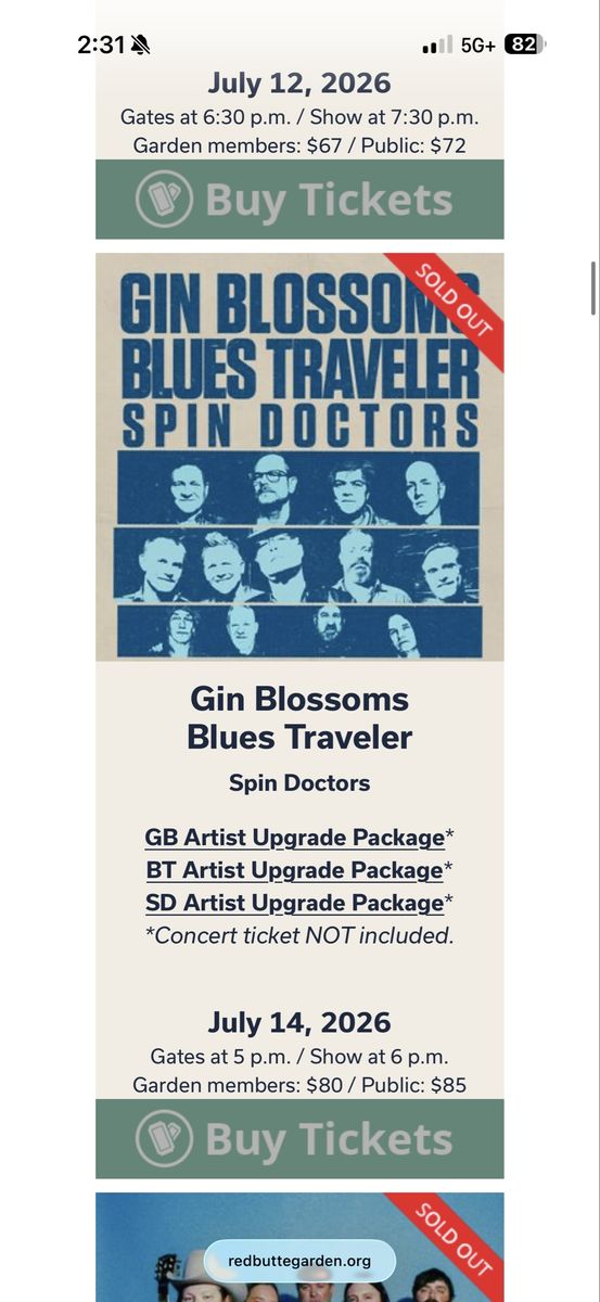 Gin Blossoms & Blues Traveler w/ Spin Doctors Tickets - Red Butte Garden, July 14, 2026