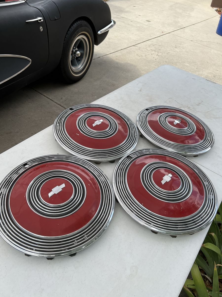 Vintage Chevrolet Hubcaps - Set of 4, Red/Chrome with Chevy Logo, Classic Car Auto Parts