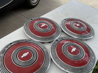 Vintage Chevrolet Hubcaps - Set of 4, Red/Chrome with Chevy Logo, Classic Car Auto Parts