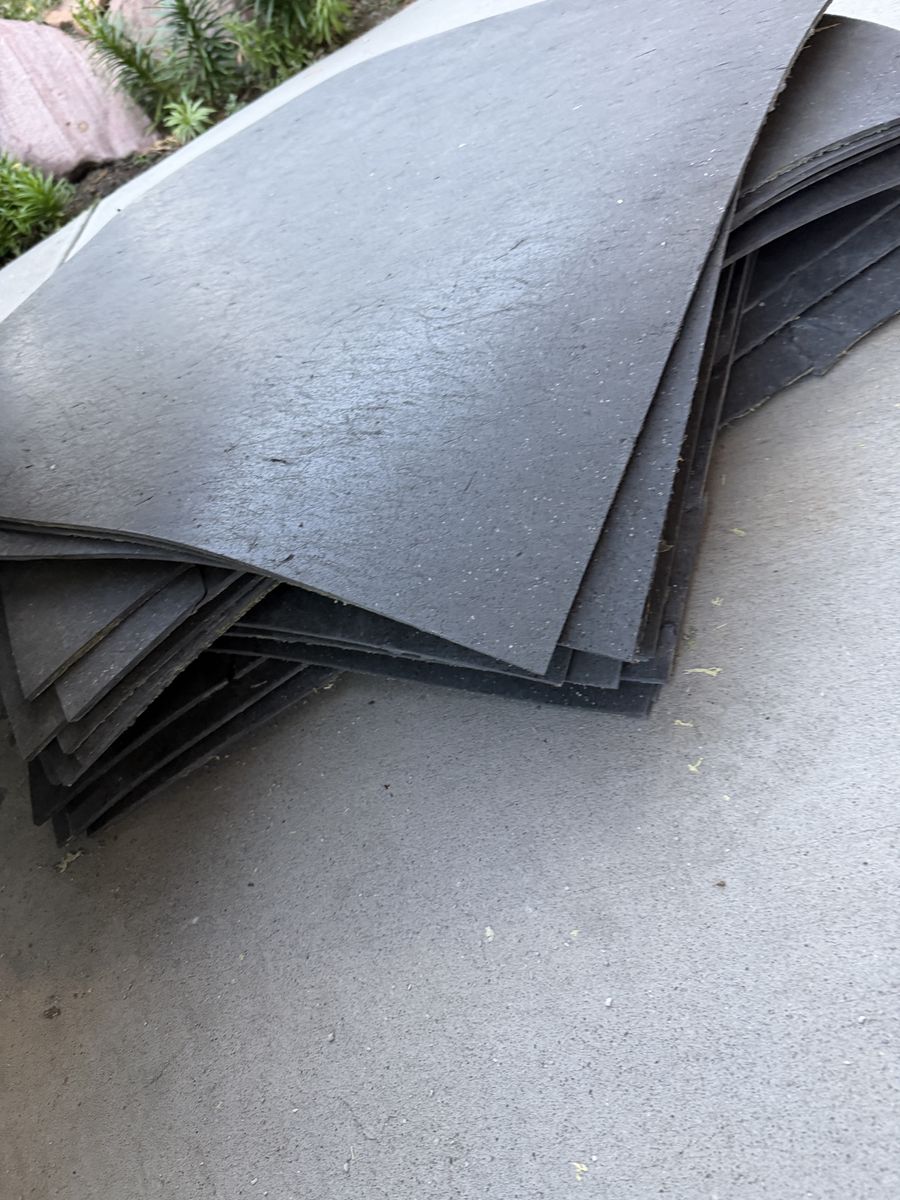 Assorted Used Rubber Mat Pieces - primarily Black, and Blue & Red scraps, Various Shapes & Sizes.