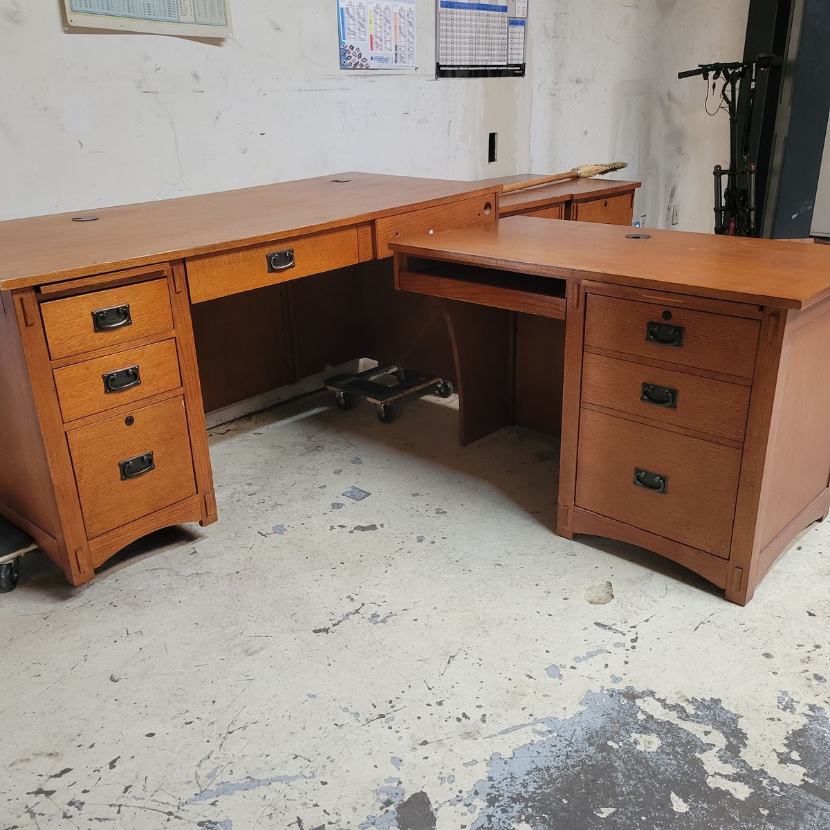 Wooden L-Shaped Executive Office Desk with Two Matching File Cabinets