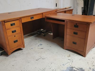 Wooden L-Shaped Executive Office Desk with Two Matching File Cabinets