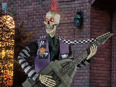 Halloween 6’ Punk Rocker Guitar Player Animatronic Gravestone Cemetery Statue Figurine Yard Home Decor Decoration Prop