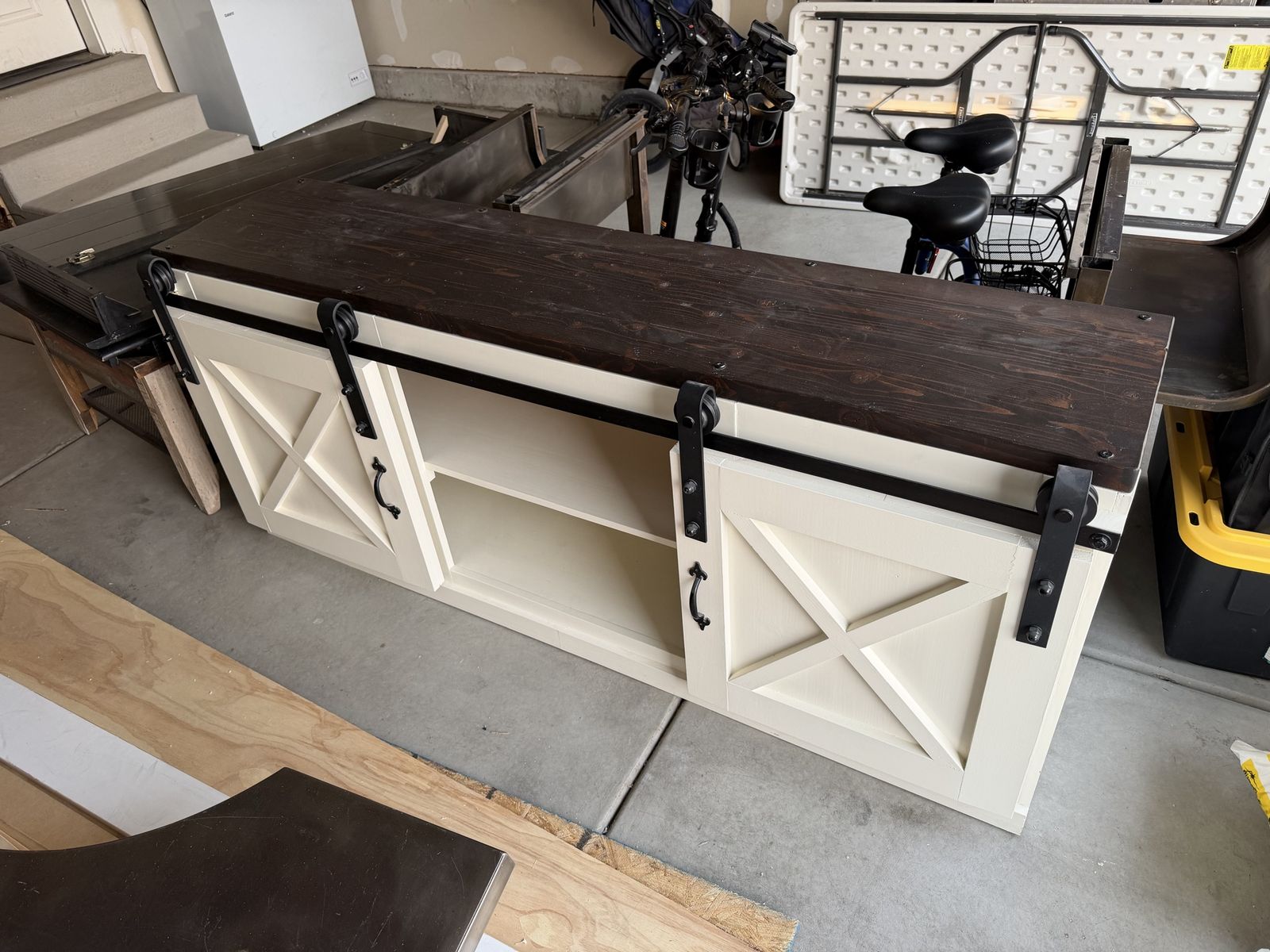 Handmade Rustic Farmhouse Media Console TV Stand - Cream & Dark Wood with Barn Doors