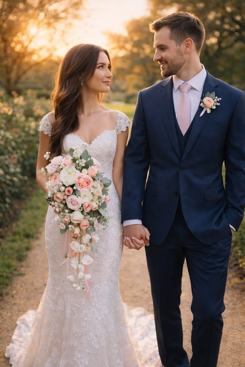 Beautiful Silk Cascade Bouquet and Boutonniere set