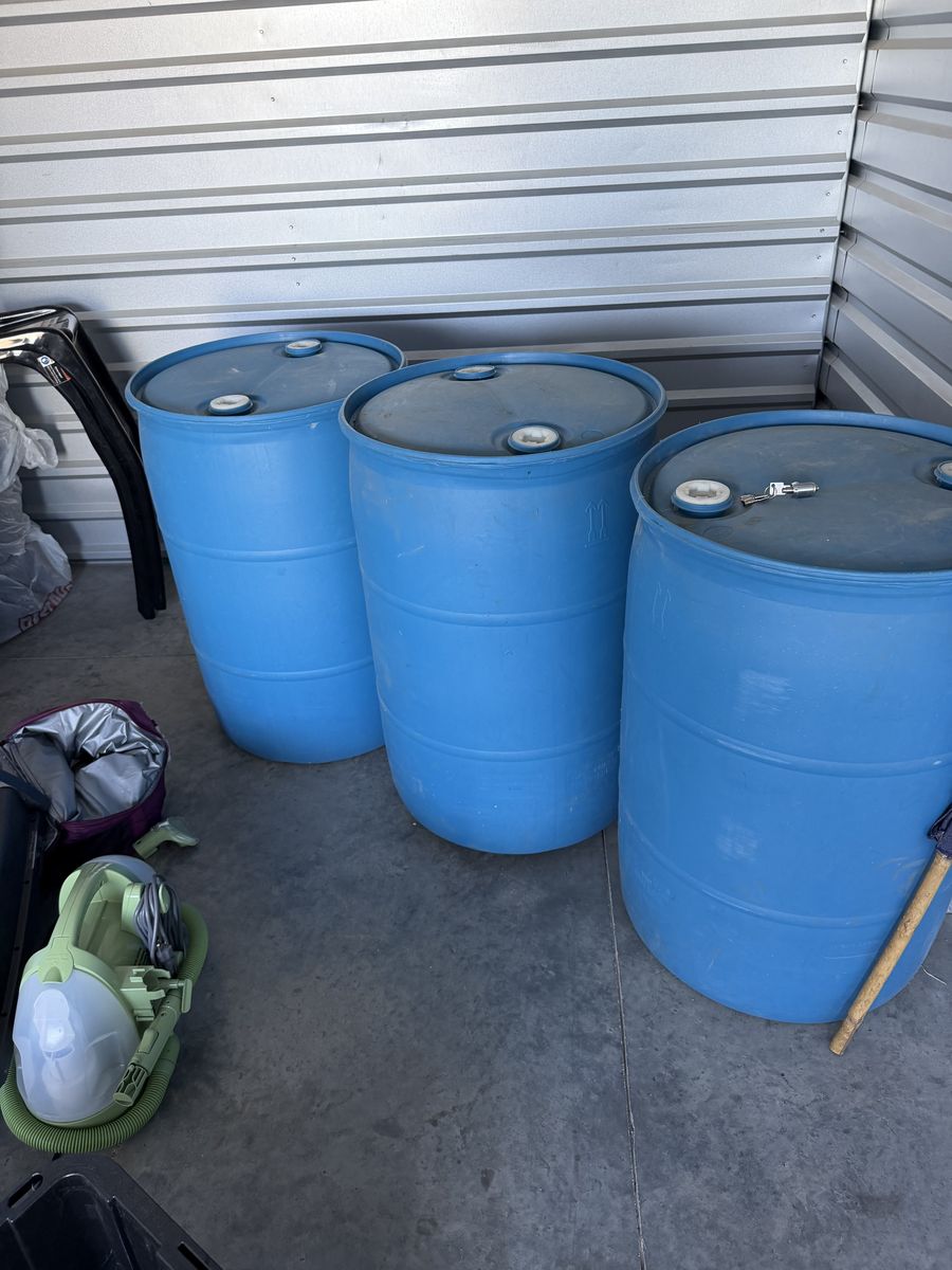 3 Blue Plastic 55 Gallon Drums - Water Storage / Rain Barrel / Industrial Storage