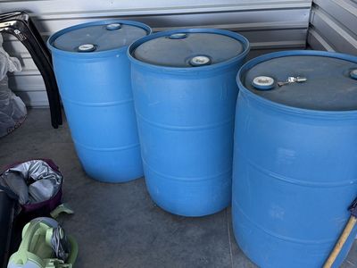 3 Blue Plastic 55 Gallon Drums - Water Storage / Rain Barrel / Industrial Storage