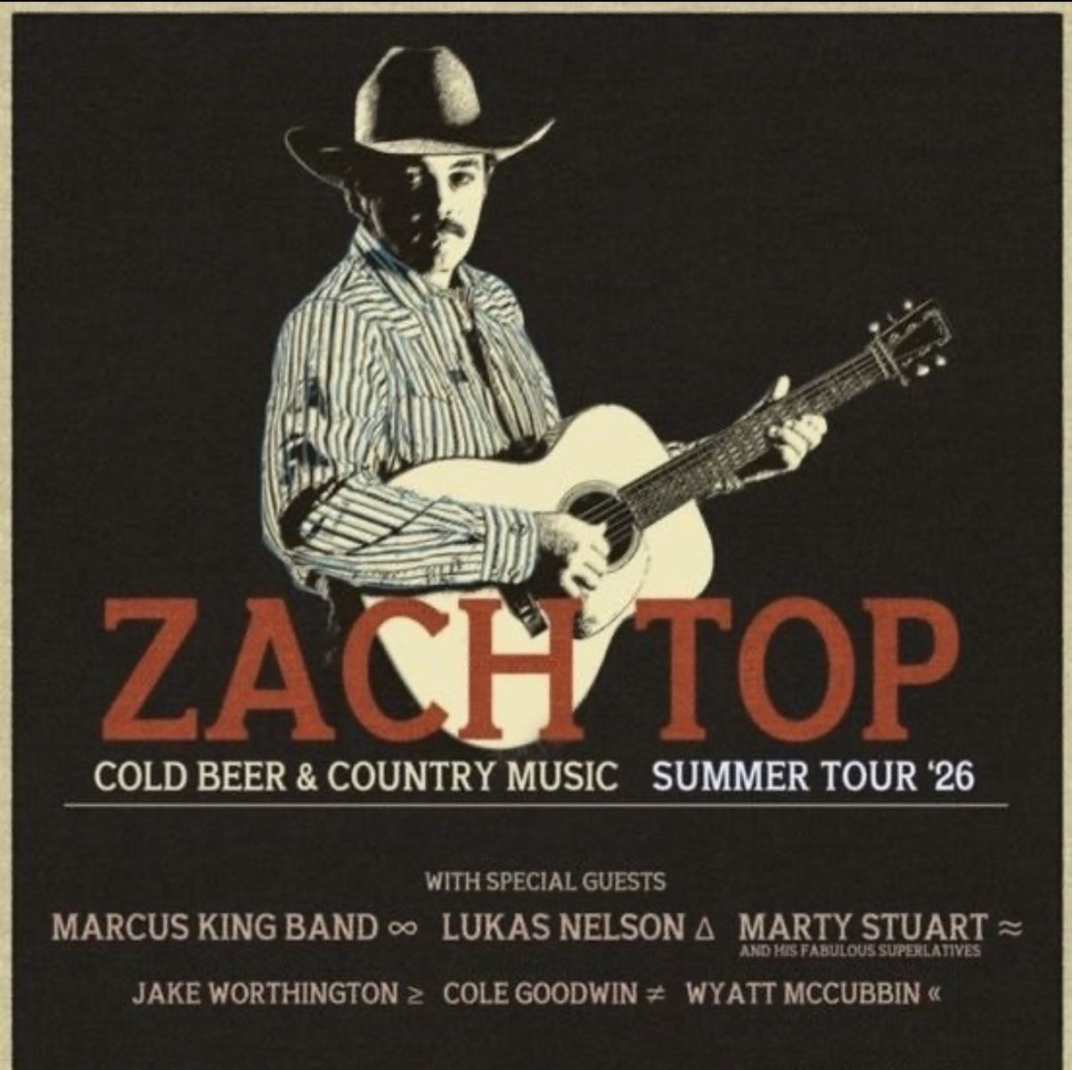 Zach Top Cold Beer & Country Music Summer Tour '26 Concert Tickets - 2 Seats Together, Section 306, Row G