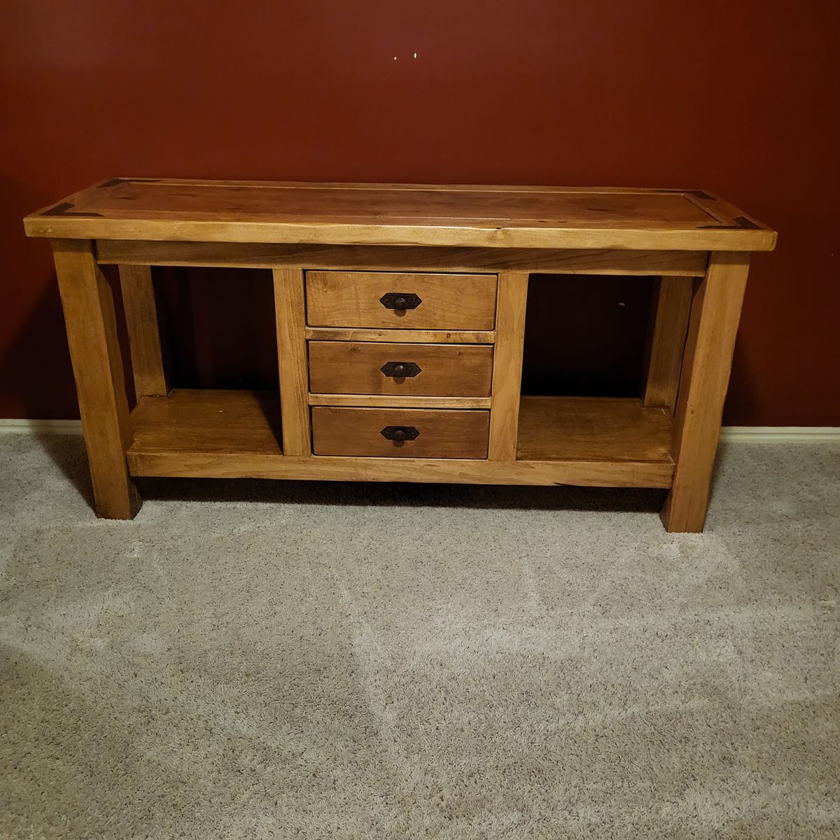 Rustic Solid Wood Console Table with 3 Drawers & Open Shelves
