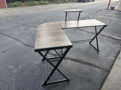 Industrial L-Shaped Computer Desk with Monitor Shelf Wood & Metal
