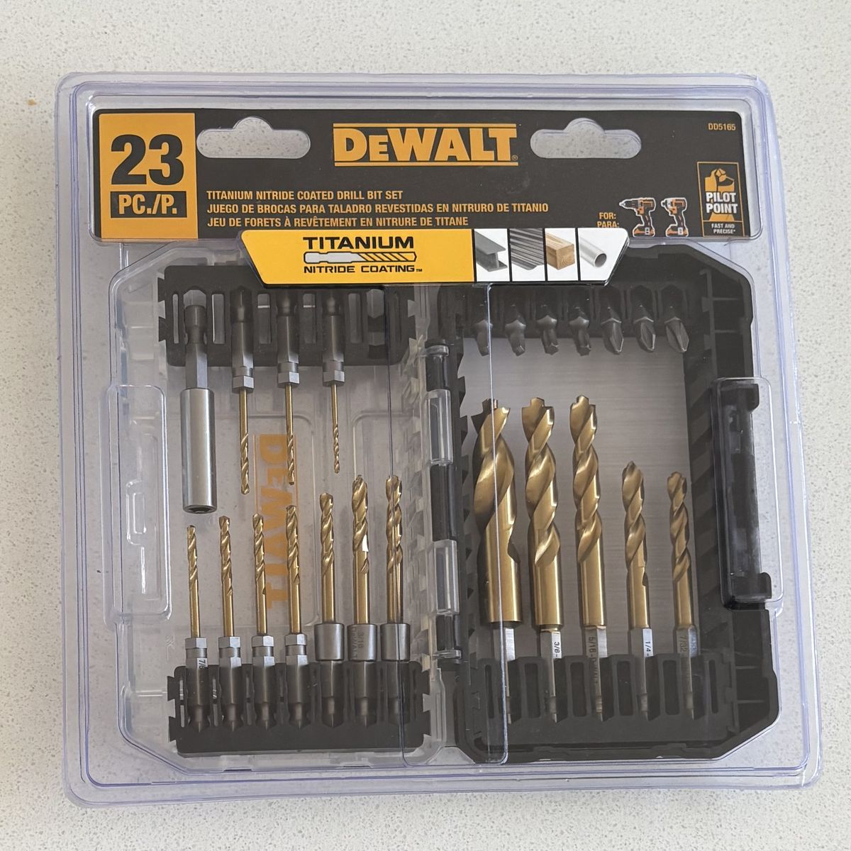 NEW DEWALT 23 Piece HEX Titanium nitride coated HSS Jobber length Twist Drill Bit Set