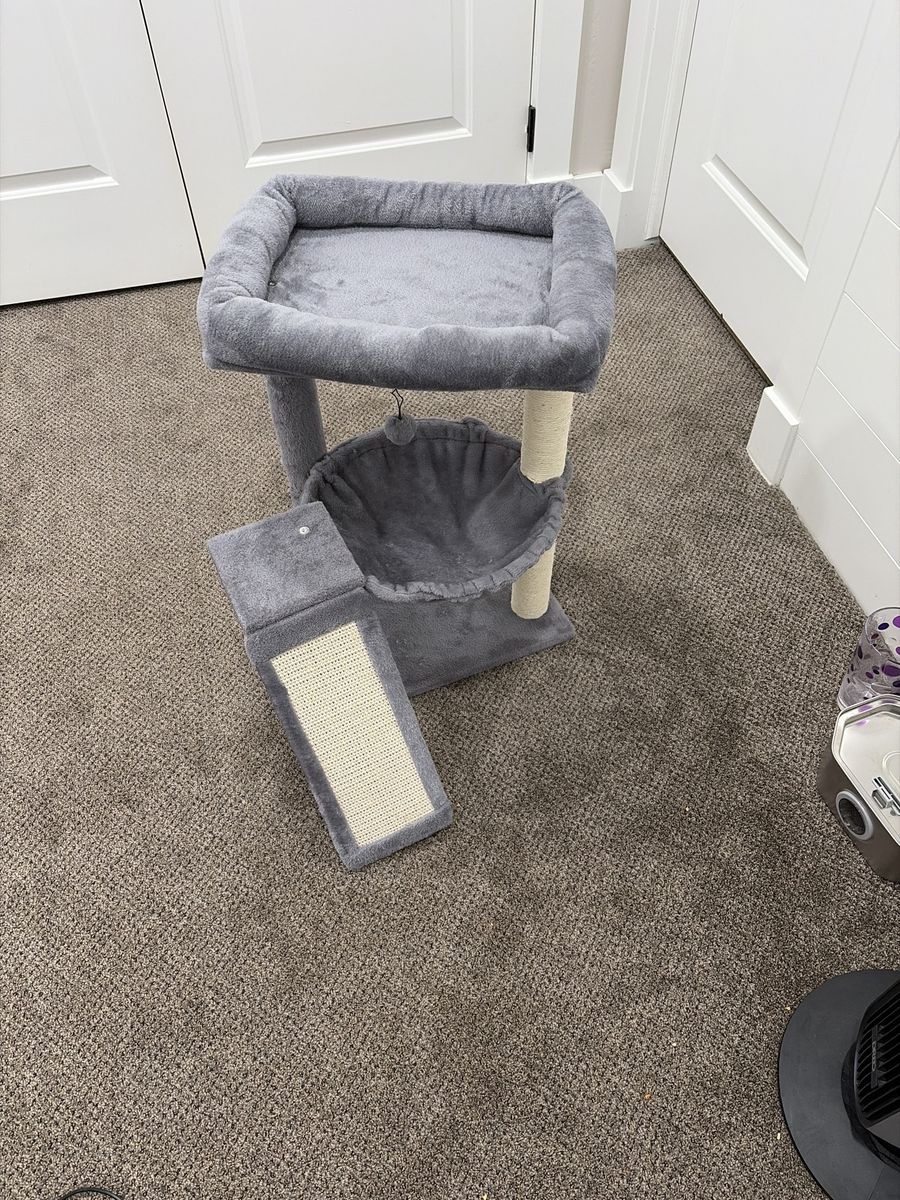 Gray Multi-Level Cat Tree with Bed, Hammock, and Scratching Post - Cozy Pet Furniture